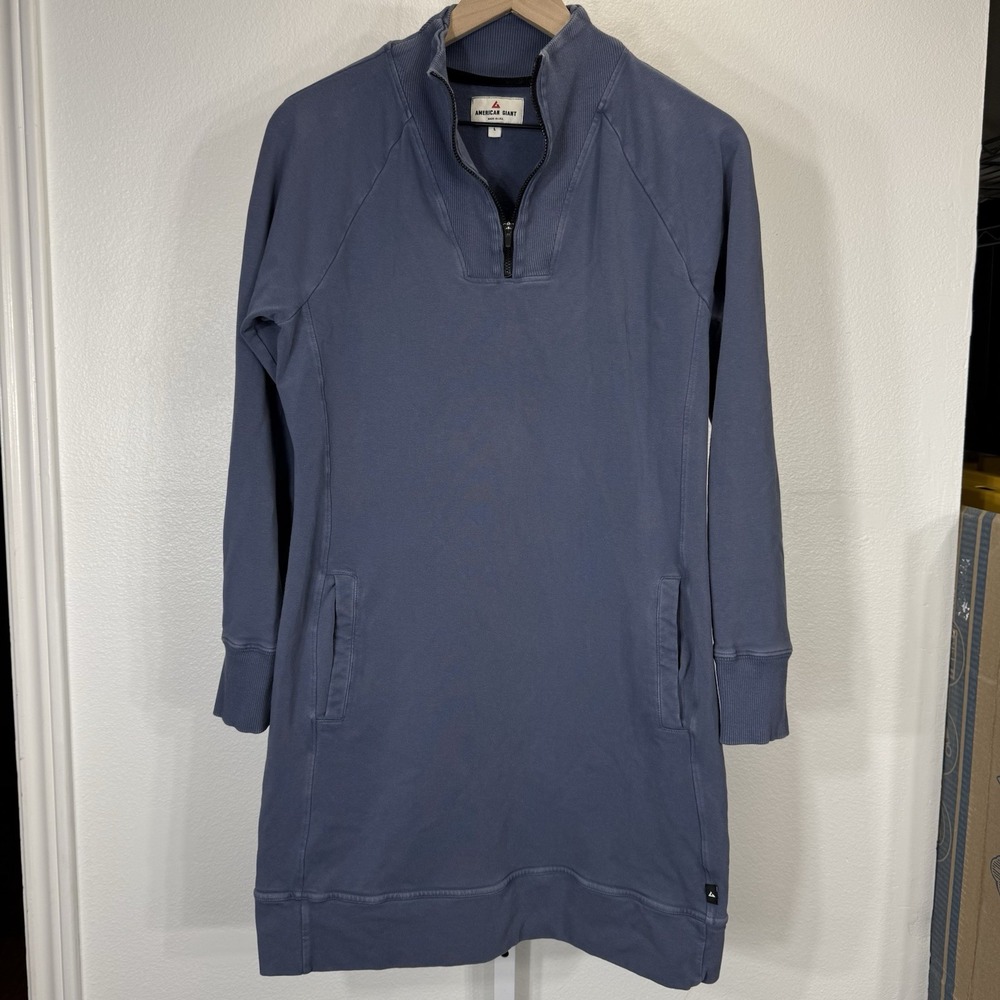 American Giant Dress Women L Blue Long 1/4 Zip Long Sleeve Sweatshirt Moto Tunic - Picture 4 of 9